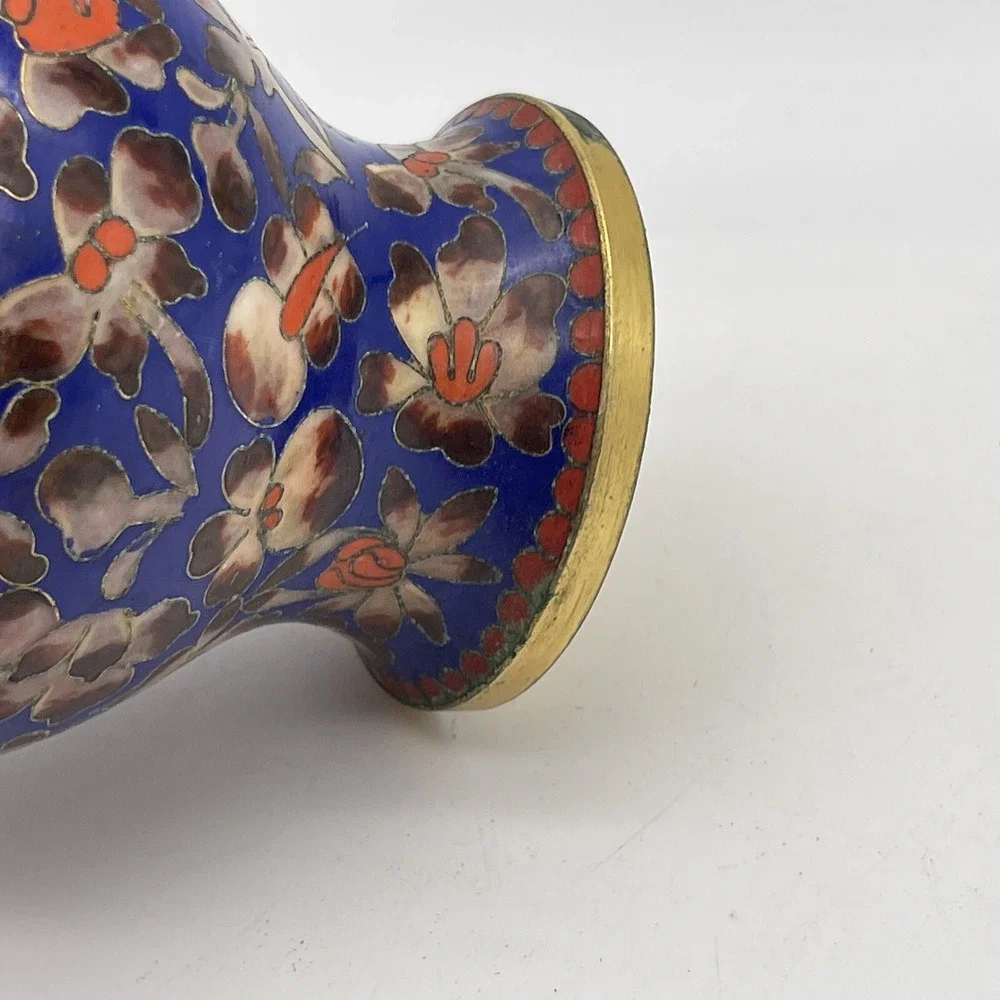 Cloisonné Vase Enameled Blue Orange Floral 8